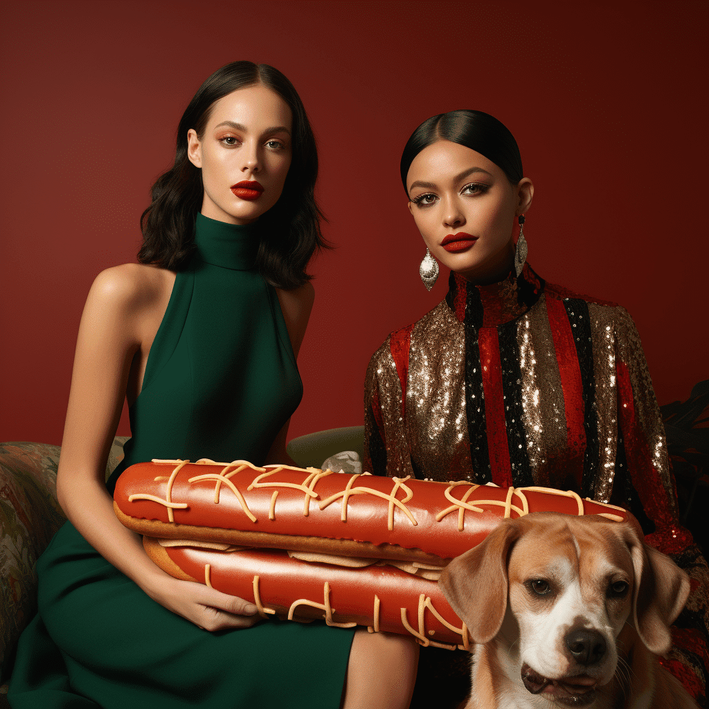 high end fashion models eating a giant hot dog with no bun