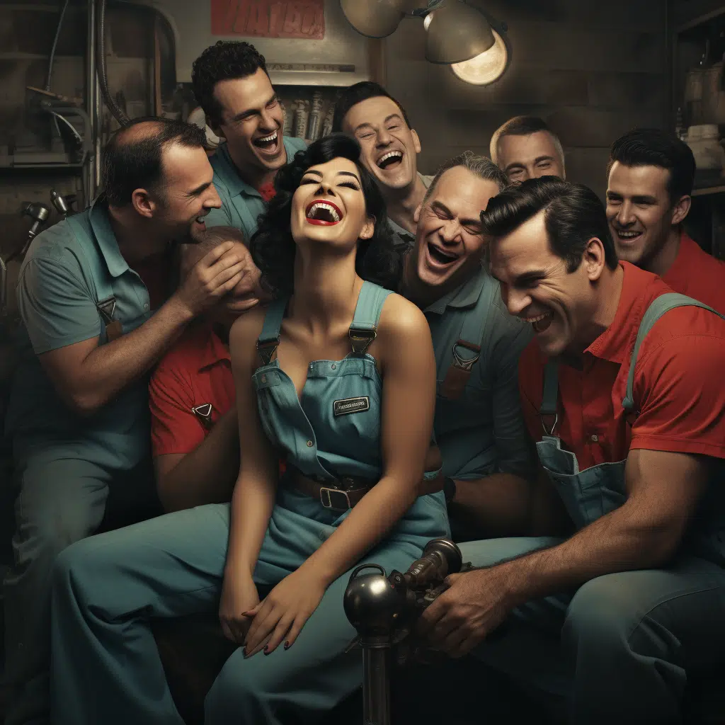 black haired super model laughing in the middle of a bunch of male plumbers