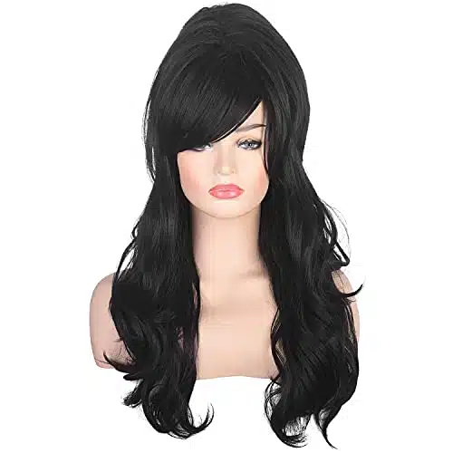 AMZCOS Women Black Beehive Wig Long Curly Wavy Bouffant Heat Resistant Synthetic Hair wigs for Womens Vintage Costume Cosplay Halloween Party