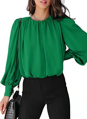 Dokotoo Summer Tops for Women Trendy Crew Neck Long Sleeve Tunic Tops and Blouses Solid Color Casual Dressy T Shirts Work Business Loose Shirts Green XX Large