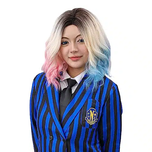 MUPUL Ombre Blonde Pink And Blue Wig For Wednesday Enid Sinclair Costume Wig Short Wavy Side Part Hair Adults Women Girls Cosplay Wigs For Halloween Party Gift
