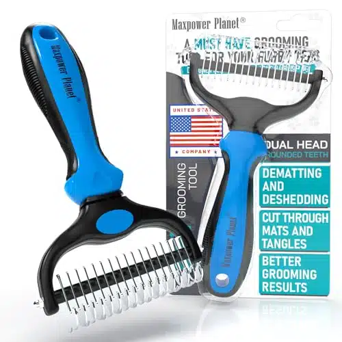 Maxpower Planet Pet Grooming Brush   Double Sided Shedding, Dematting Undercoat Rake for Dogs, Cats   Extra Wide Dog Grooming Brush, Dog Brush for Shedding, Cat Brush, Reduce Shedding by %, Blue