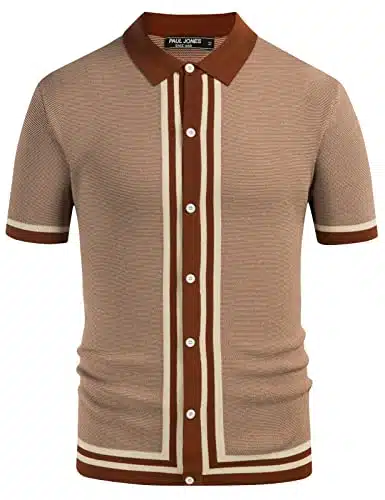 Mens's Vintage s Retro Stripes Polo Shirts Button Down Knit Shirts Caramel XL