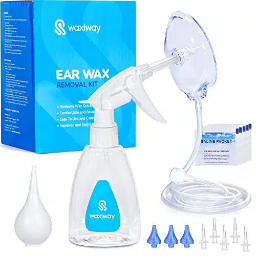 Waxiway Ear Wax Removal Kit   Ear Cleaner Tool Irrigation for Easy Remover Flushing with Spray Bottle Water Wash Ear Care Products Drop   Cotton Swab, Syringe  for Adults and Kids