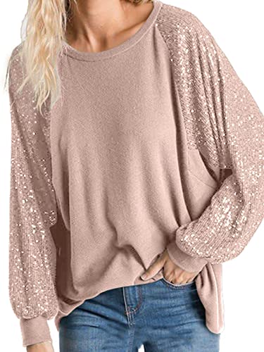ALLTB Women's Sequin Tops Sparkle Long Sleeve Blouses Shimmer Glitter Sweatshirt Party Crewneck Loose Fit Shirts