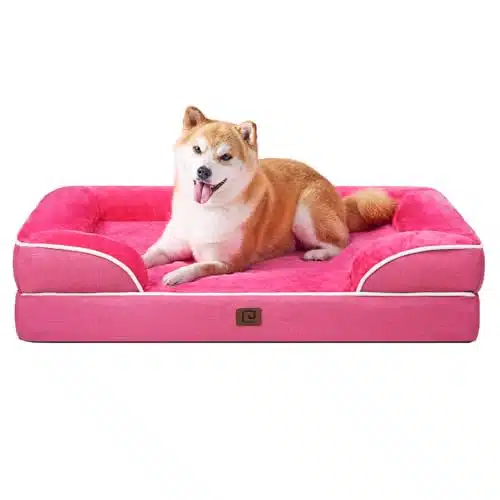 EHEYCIGA Orthopedic Dog Beds for Large Dogs, Waterproof Memory Foam Large Dog Bed with Sides, Non Slip Bottom and Egg Crate Foam Large Dog Couch Bed with Washable Removable Cover, Hot Pink