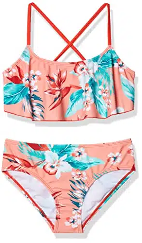 Kanu Surf Girls' Big Flounce Bikini Beach Sport Piece Swimsuit, Alania Floral Coral,