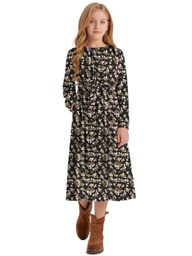 LaBeca Girls Elastic Crew Neck Ruffle Sleeve Rayon Woven Midi Belted Dress with Pocket Black Pink Floral Fall Y