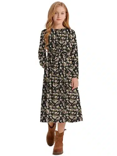 LaBeca Girls Elastic Crew Neck Ruffle Sleeve Rayon Woven Midi Belted Dress with Pocket Black Pink Floral Fall Y