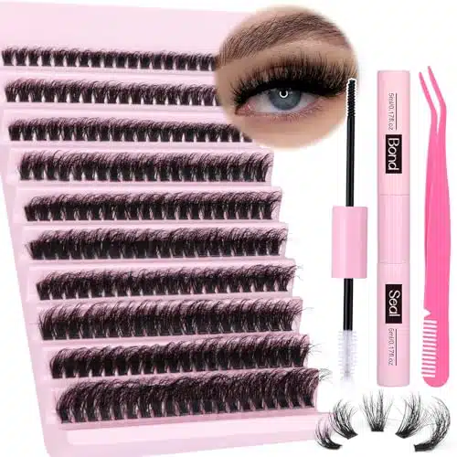 Lashes Extension Kit Fluffy Mink Individual Lashes Kit M Cluster Lashe Eyelashes Kit with Lash Bond and Seal and Lash Applicator D Spikes Fluffy DIY Eyelashes Extension Kit (M,Pcs)