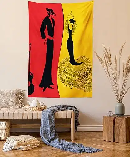 Lunarable Art Tapestry Queen Size, Spanish Dancer Silhouettes with Man and Woman in Traditional Clothing, Wall Hanging Bedspread Bed Cover Wall Decor, Queen Size, Marigold Vermilion Black