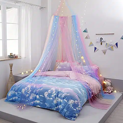 Rainbow Bed Canopy with Lights for Girls, Canopy for Girls Room Bed Netting for Twin Single Full Queen Size Bed,Reading Corners Room Decor for Girls