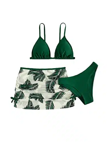 SOLY HUX Girl's Cute Floral Bikini Bathing Suit with Beach Skirt Piece Swimsuits Dark Green Tropical