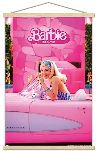 Trends International Mattel Barbie The Movie   Barbie Car Wall Poster, x , Print and Beechwood Hanger Bundle
