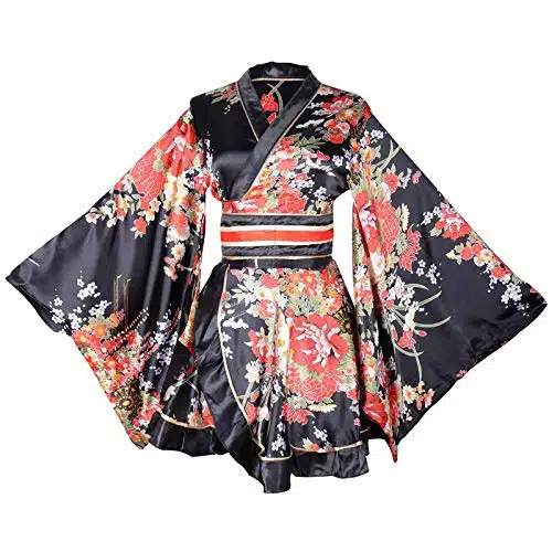 Wraith of East Asian Size Sexy Short Kimono Costume Adult Women's Japanese Geisha Yukata Prints Gown Blossom Fancy Dress With Obi Belt Fit Bust (Black)