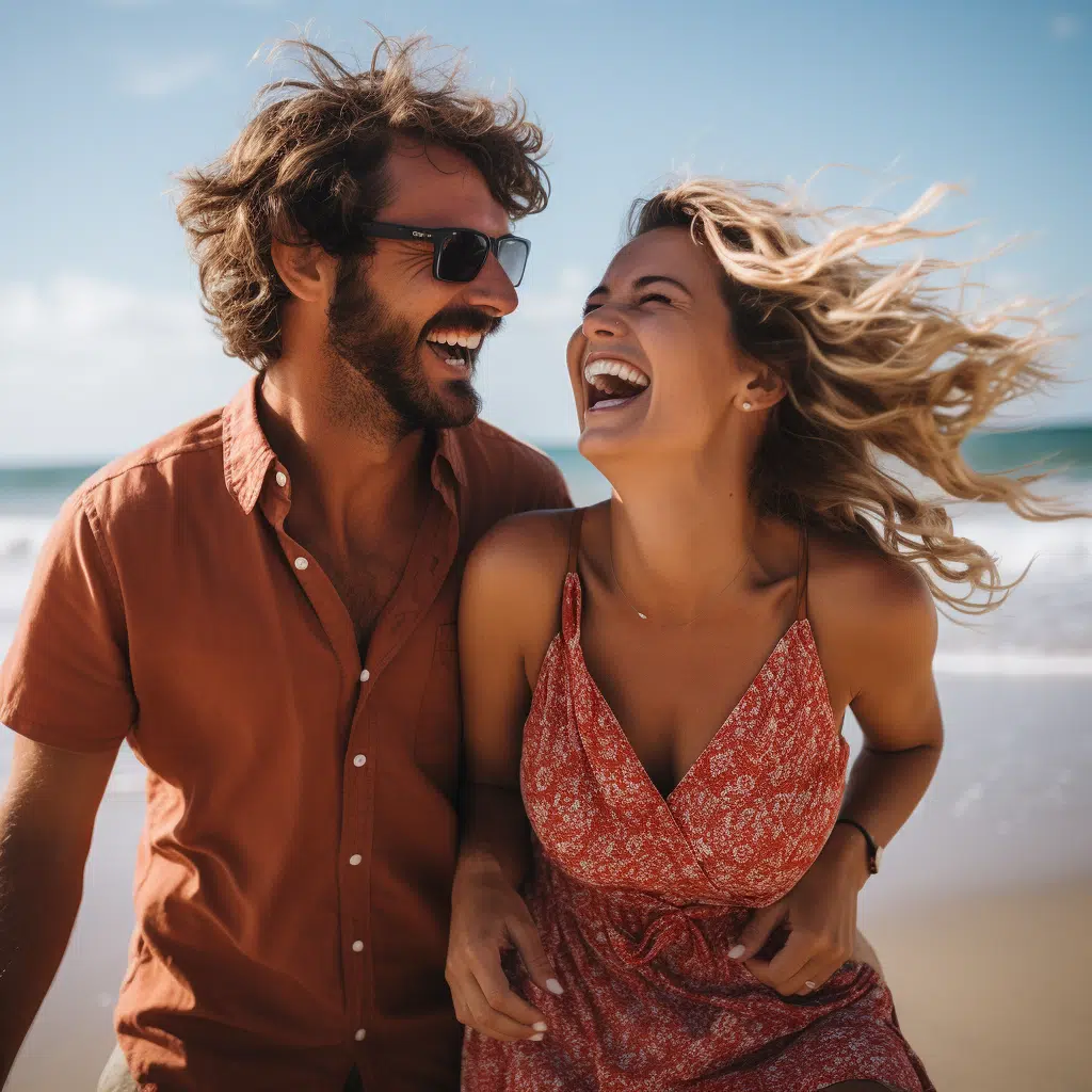 man and woman at the beach laughing