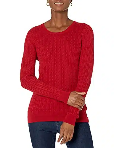 Amazon Essentials Women's Lightweight Long Sleeve Cable Crewneck Sweater (Available in Plus Size), Red, Large
