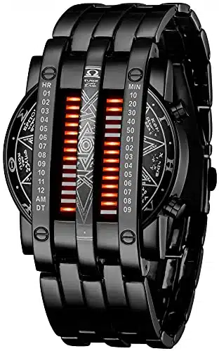 Binary Matrix Blue LED Digital Watch Mens Classic Creative Fashion Black Plated Wrist Watches (Black Red)