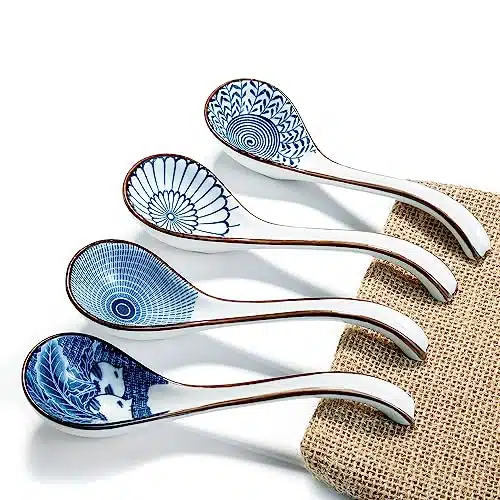 DAHO GOMSU Asian Ceramic Soup Spoon, with Long Handle Easy to Hold, Non slip Bottom, for Japanese Ramen, Chinese Wonton, Dumplings, Pho, Noodle Soup Spoons, Set of (V)