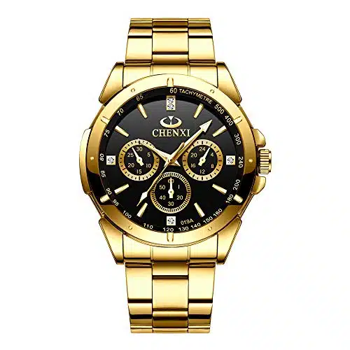 DREAMING Q&P Gold Men's Luxury Wrist Watches for Man,Black Face Stainless Steel Classic Business Golden Series Watch