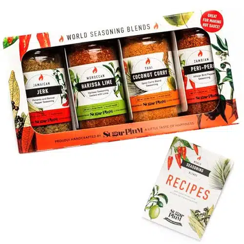 Exotic Seasoning Set, Gourmet Spice Set with Jamaican Jerk, Moroccan Harissa, PERI PERI, Thai Coconut Curry Seasonings, Unique Cooking Gift Set from around the World