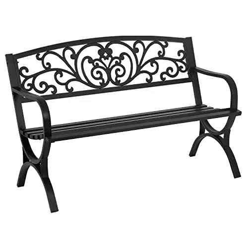 FDW Patio Garden Bench inch Outdoor Metal Loveseat Chairs with Armrests Slatted Seat and wFloral Design Backrest for Park, Yard, Porch, Lawn, Balcony, Backyard, Black