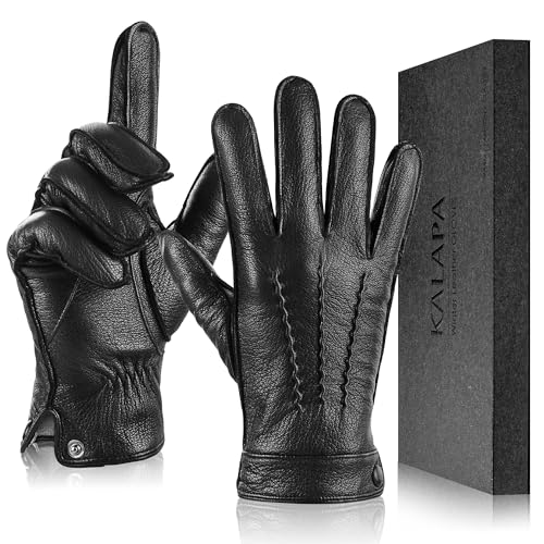 Genuine Sheepskin Leather Gloves for Men, Winter Warm Touchscreen Driving Motorcycle Gloves with Cashmere Lined (Black, XL)