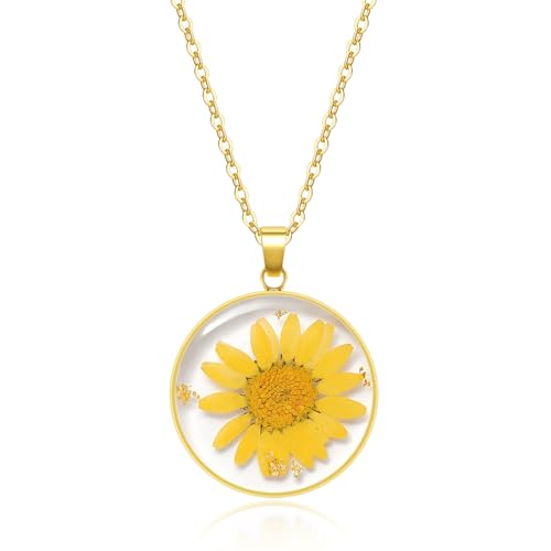 KBFORU Birth Flower Necklaces For Women   Marigold October Month Flower Necklace   Handmade Pressed Flower Necklace   Unique Holiday Gift   Gold