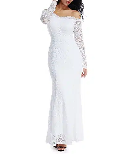 LALAGEN Women's Floral Lace Long Sleeve Off Shoulder Wedding Mermaid Dress WhiteS