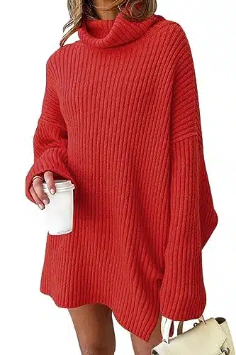 LILLUSORY Womens Red Turtleneck Sweater Oversized Winter Dress Pullover Baggy Tunic Sweater Cozy Fall Outfits