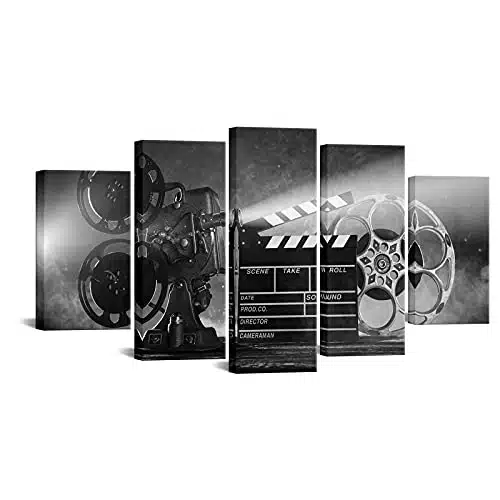 LevvArts Large Piece Canvas Wall Art Classic Old Fashion Film Reels Poster Filmmaking Concept Scene Black and White Pictures for Bar Pub Home Movie Theater Media Room Decor Re