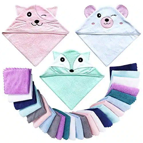 Lovely Care Pack Baby Hooded Bath Towel with Count Washcloth Sets for Newborns Infants & Toddlers, Boys & Girls   Baby Registry Search Essentials Item   Cat, Bear, Fox