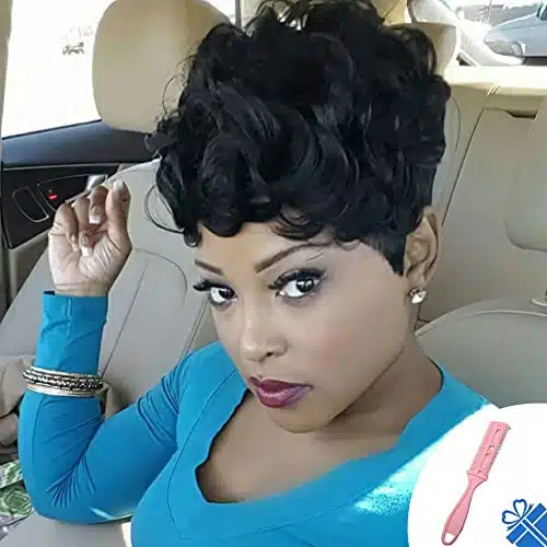 MOONSHOW Short Pixie Wigs for Black Women Short Black Curly Pixie Wigs Synthetic Hair Wigs for Black Women Natural Wavy Black Pixie Cut Wig Short Curly Layered Pixie Wig for W