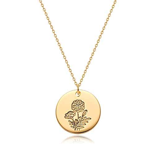 MYEARS Women Birth Flower Necklace Gold Coin Engraved Disc Month October Marigold Flower Bouquet Pendant K Gold Plated Dainty Chain Personalized Floral Jewelry Birthday Gift
