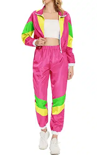 Nhicdns Women's Color Block Piece s s Outfits Long Sleeve Windbreaker Jacket Tracksuit Set Pink New XS