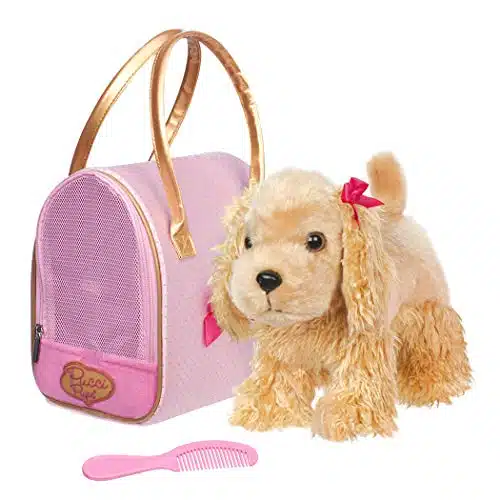 Pucci Pups by Battat  Cocker Spaniel Stuffed Puppy with Pink and Gold Dotted Stuffed Animal Bag