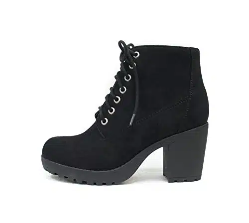 Soda Second Lug Sole Chunky Heel Combat Ankle Boot Lace up wSide Zipper (, Black Imitation Suede)