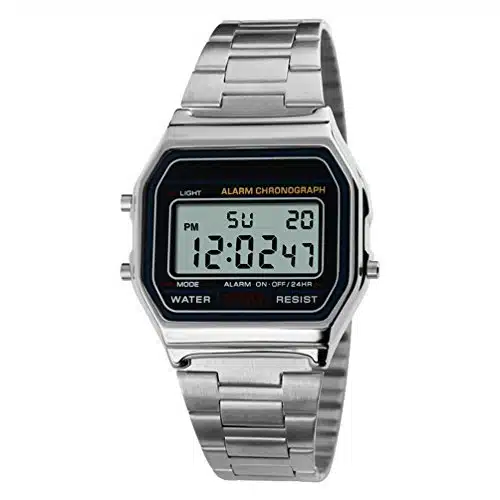 VIGOROSO Men Lady Vintage Retro Gold Stainless Steel Digital Casual Watch Alarm Stopwatch(Silver)