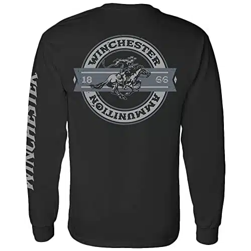 Winchester Official   Legend Collection   Rider Crest Banner Garment Dyed Long Sleeve % Cotton T Shirt for Men Vintage Black