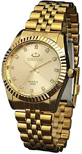 carlien Mens Stainless Steel Band Golden Classic Design Male Diamonds Quartz Calendar Wrist Watches (Gold&Gold)