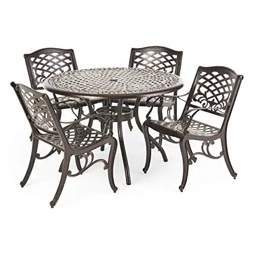 Christopher Knight Home Hallandale Outdoor Cast Aluminum Dining Set for Patio or Deck, Pcs Set, Hammered Bronze