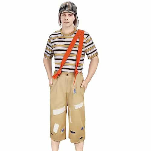 ZIFUNMUR Adults Kids Chespirito Costume Striped T shirt Hat Straps Pants Outfit Halloween Cosplay Uniform Set (Adults, Medium)