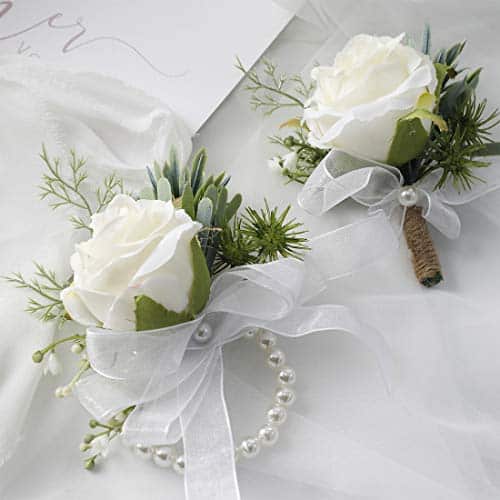 Floroom Ivory Rose Wrist Corsage Wristlet Band Bracelet and Men Boutonniere Set for White Wedding Flower Accessories Prom Suit Decorations