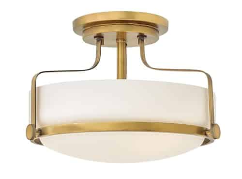 Hinkley Harper HB Medium Semi Flush Mount Ceiling Light   Sleek, Retro Style   Heritage Brass + Etched Opal Glass