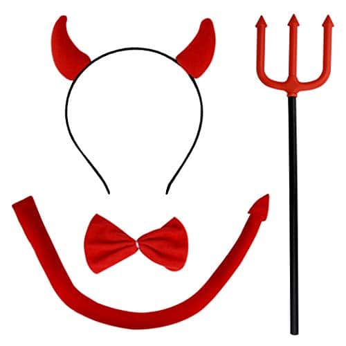 Jmkcoz Halloween Devil Costume Set Devil Horn Headband Red Devil Tail Bowtie Devil Red Pitchfork Demon Cosplay Hair Hoop Accessories for Carnival Themed Party Prop Costume Dec