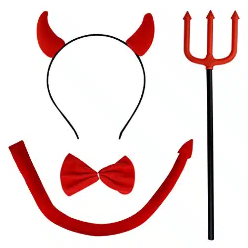 Jmkcoz Halloween Devil Costume Set Devil Horn Headband Red Devil Tail Bowtie Devil Red Pitchfork Demon Cosplay Hair Hoop Accessories for Carnival Themed Party Prop Costume Dec