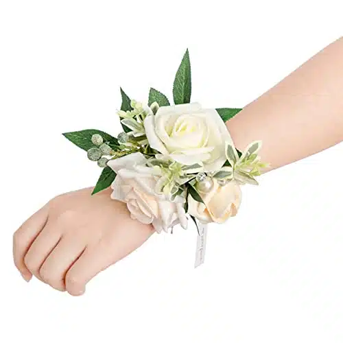 Ling's Moment White & Ivory Wrist Corsages for Wedding(Set of ), Corsages for Prom, Mother of Bride and Groom, Prom Flowers