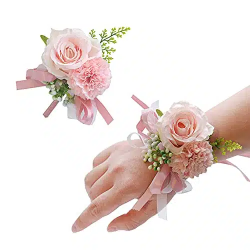 PCS Rose Flower Wrist Corsage Boutonniere Set Handmade Artificial Corsage Set Bride Hand Flower Men Boutonniere for Wedding Party Prom Decorations (Pink)