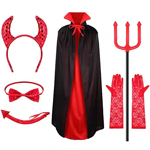 Pieces Halloween Devil Costume Set Devil Horn Tail Glittery Red Bow Tie Devil Fork and Black Red Reversible Cape Lace Long Gloves for Men Women Boys Girls Halloween Costume Ac