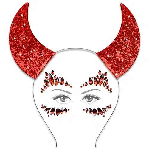 U Zomir Devil Horns Headband with Face Jewels Set, Glitter Red Devil Horns and Face Gems Stickers Devil Costume for Women Men Girls, Devil Costume Accessories Halloween Headba